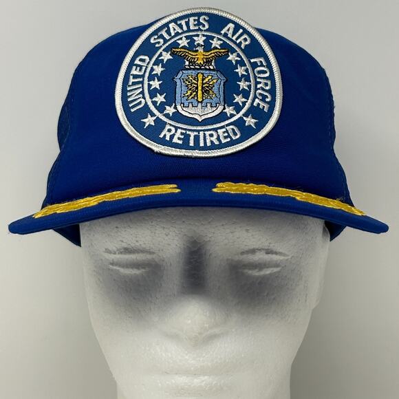 Vintage 80s US Air Force Retired Trucker Hat Cap Blue USAF Gold Scrambled Eggs - Picture 2 of 9